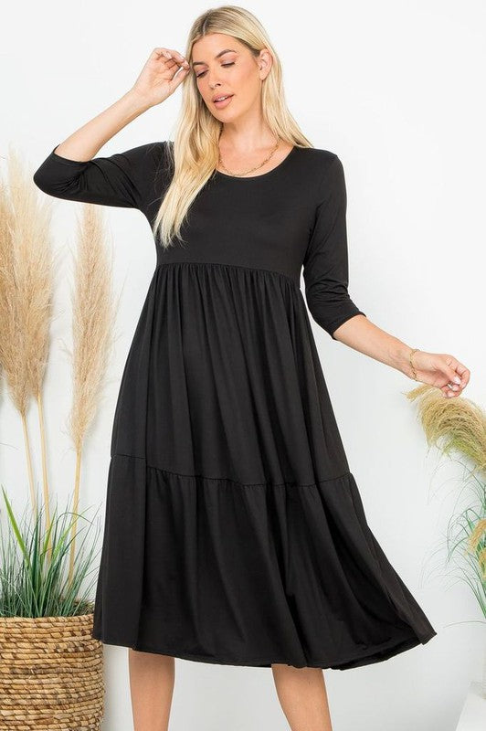 Plus Tiered Midi Dress 3/4 Sleeves Black
