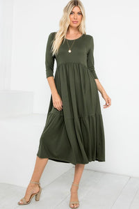 Tiered Midi Dress 3/4 Sleeves Olive