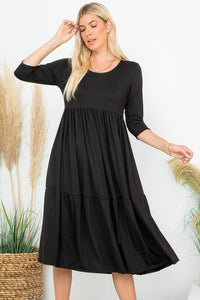 Tiered Midi Dress 3/4 Sleeves Black