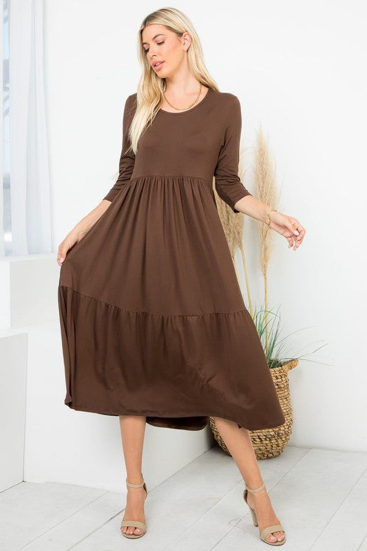 Plus Tiered Midi Dress 3/4 Sleeves Brown